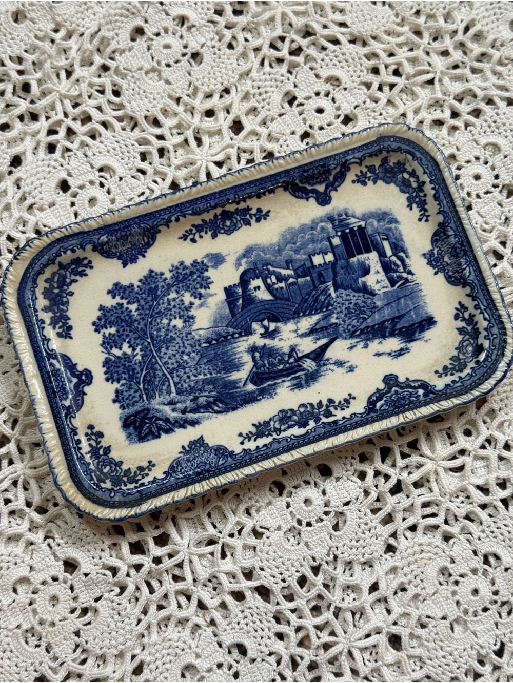 Vintage Blue & White Transferware Rectangular Dish Castle River Scene